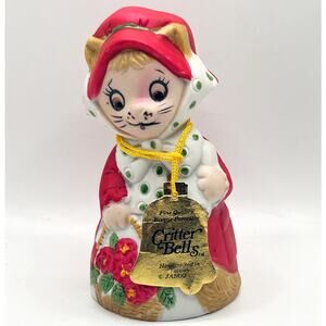 VNTG Jasco Christmas Critter Bell Bisque Red Dress Cat Holiday Bell 1980 w/ Tags